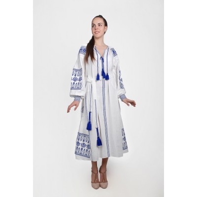 Boho Style Ukrainian Embroidered Maxi Broad Dress White with Dark Blue Embroidery